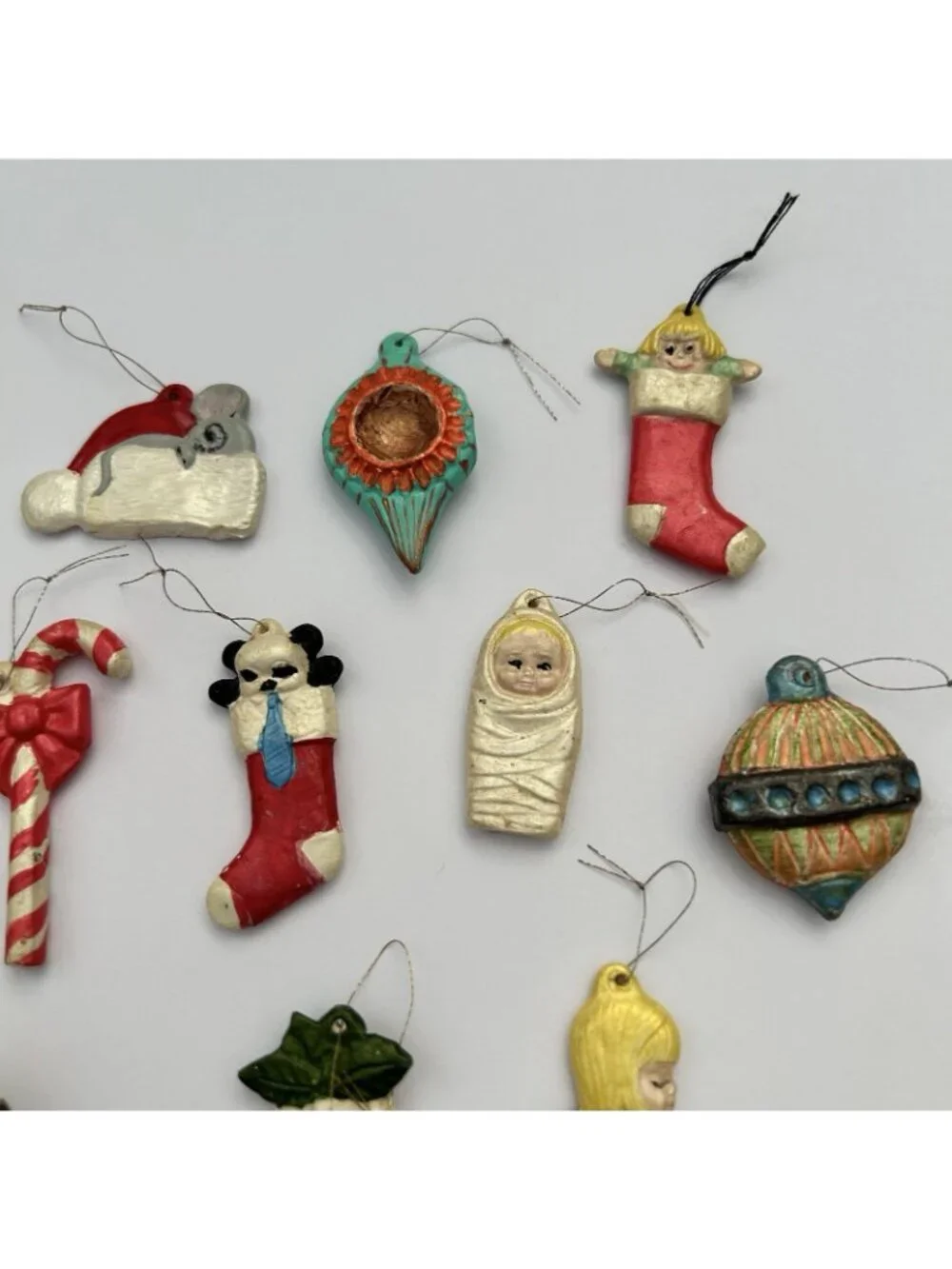 Vintage Handpainted Mini Ceramic Christmas Tree Ornaments Set of 12 Holiday